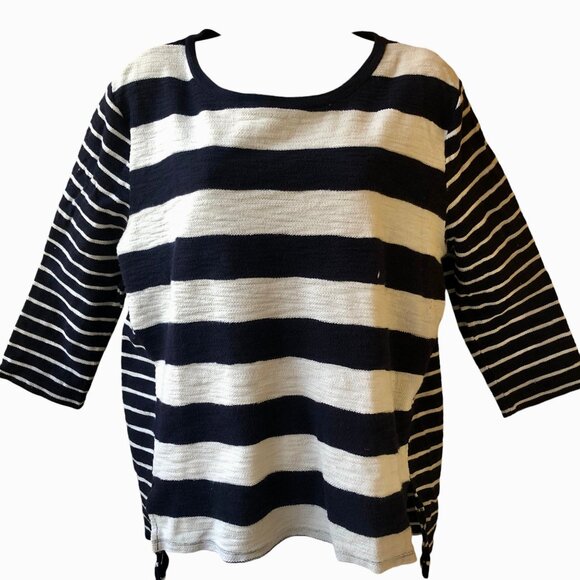 Navy Blue & White Striped Top Double Sided High/Low 3/4 Sleeve by Merona - Picture 10 of 13